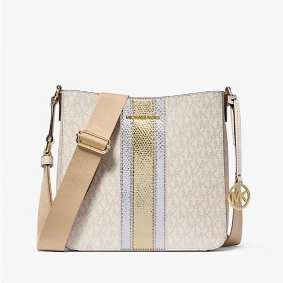 Michael Kors Jet Set Small Signature Logo Metallic Messenger Bag in Pale Gold - Picture 1 of 5